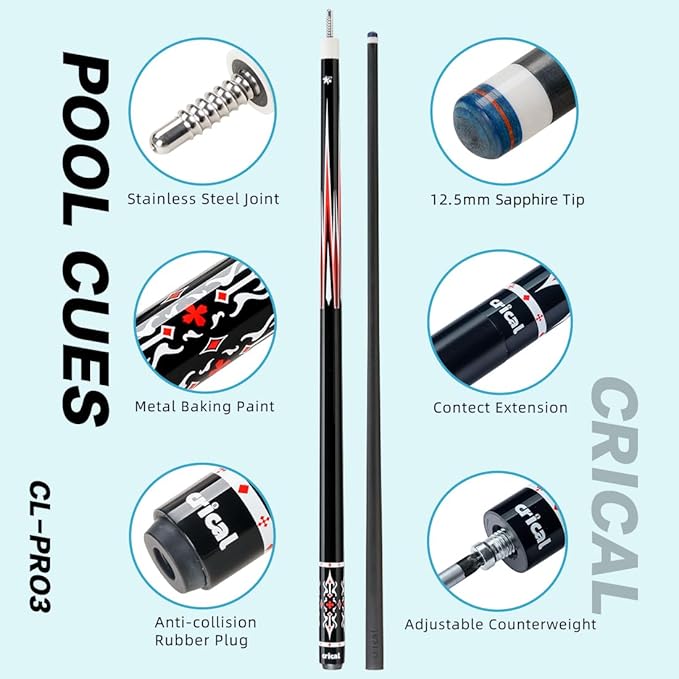 CRICAL Carbon Fiber Pool Cue Stick 58" Billiard Cue Sticks Professional Low Deflection Pool Sticks with 3/8 * 8 Pin Joint and 12.5mm Tip