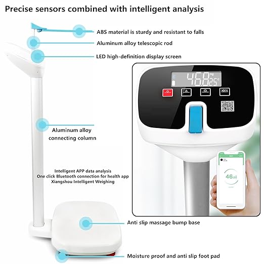 Armrest Electronic Medical Height and Weight Scale,20" L x 12" W x34 H, Up to 420lb Weight Capacity, 75” Height Measurement, LCD Display, USB Charging, Temperature Display (Pearl White)