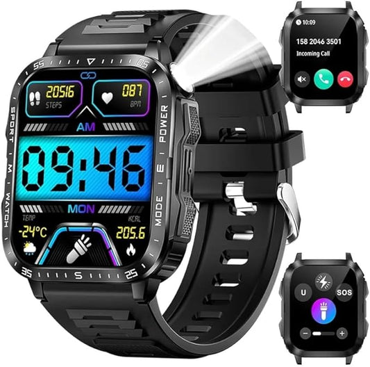 KT79 Military Smart Watch for Men with LED Flashlight Watch 2.0'' Big Screen Tactical Smartwatch Fitness Tracker with Heart Rate Sleep Monitor Make Calls for iPhone Android (Black)
