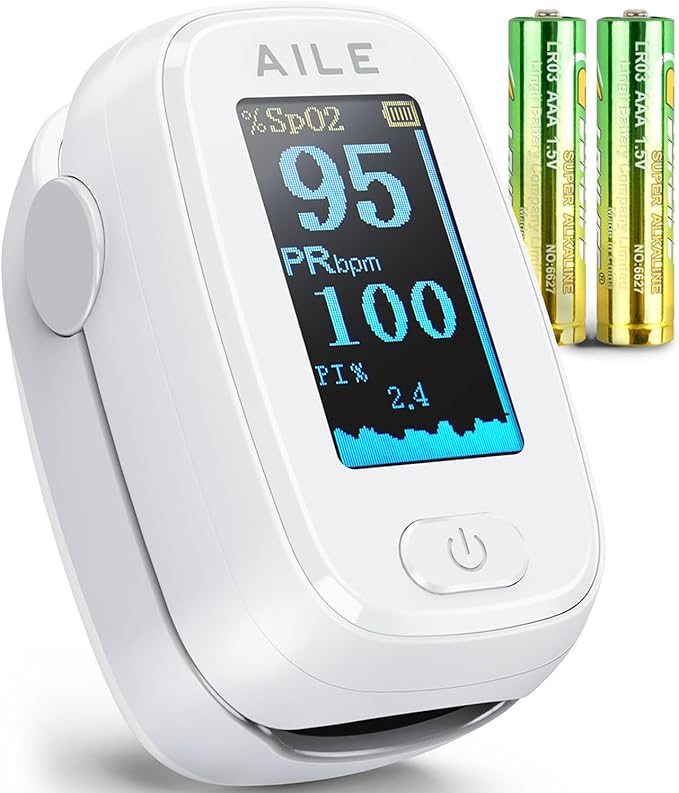 Pulse Oximeter with Fingertip Oxygen Meter : AILE Compact Fingertip Pulse Oximeter - Blood Oxygen/Heart Rate Monitor - 4 Color Screen Display - Including 2AAA Batteries for Athletic & Home (White)
