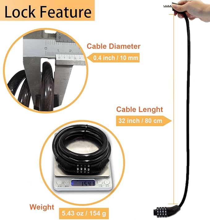 Combination Bike Cable Lock - 4 Digit, 32 inch Long Coiled Security Resettable Cable Lock, Anti-Theft Accessories for Mountain Bike, Road Bike, Electric Bicycle, Scooter