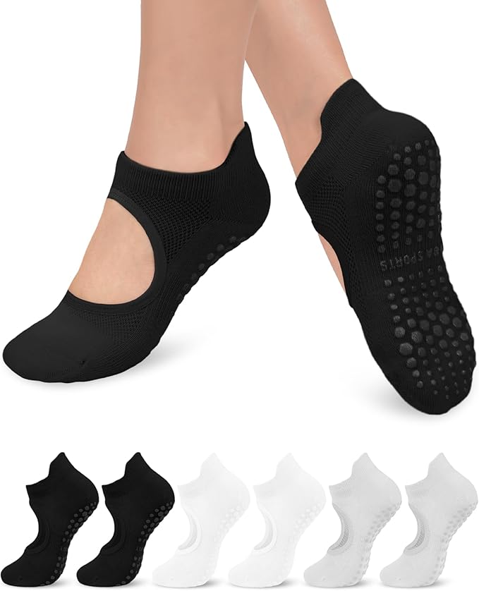 6 Pairs Grip Pilates Socks for Women, Non-slip Yoga Athletic Socks for Barre Ballet Barefoot Workout Hospital
