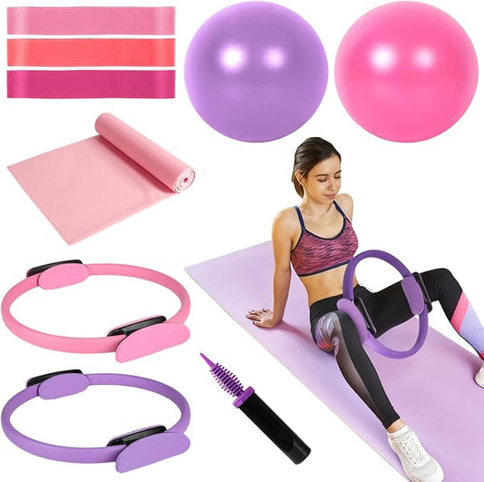 Pilates Ring and Ball Set, Includes 2 Pilates Circles, 2 Balance Balls with Pump, 3 Resistance Bands, and 1 Exercise Band, Home Pilates Equipment for Women, Versatile Fitness Kit