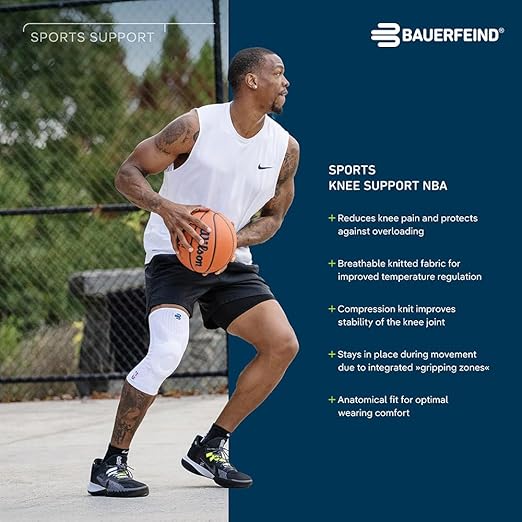Bauerfeind Sports Knee Support NBA - Officially Licensed Basketball Knee Brace - Relief and Stabilization - Targeted Compression - Lightweight & Durable - Black, Large