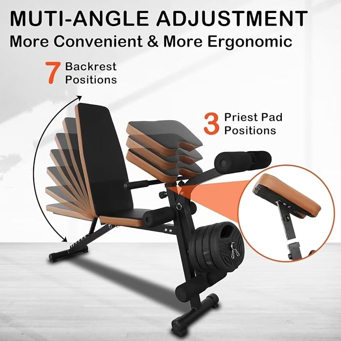 PENSUN Adjustable Weight Bench, Foldable Workout Bench Press for Home Gym Exercise, Flat Incline Decline Sit Up Position for Full All-in-One Body Strength Training W/Leg Extension and Preacher Pad