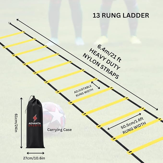 DELUXE EDITION Agility Ladder Training Set - 13 Rung 21ft Agility Ladder w/13 Disc Cones, Carry Bag - Improve Speed & Strength Soccer, Football, Basketball w/4 Steel Pegs for Outdoor Workout Charts