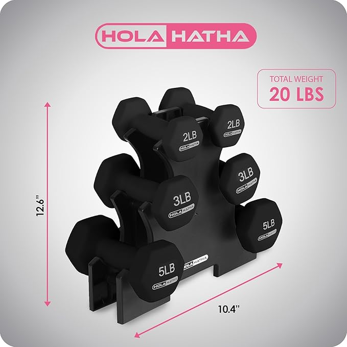 HolaHatha 2, 3, 5, 8, and 10 Pound Neoprene Dumbbell Free Hand Weight Set with Rack, Ideal for Home Exercises to Gain Tone and Definition, Pastel