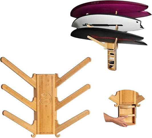 LISS The Sun Rack - Premium Wood Surfboard Wall Mount Rack Display, Ski, Snowboard Holder for 3 Boards for Garage & Home Storage with Built-In Drawer & Hooks for Longboards Shortboards, Wakeboards
