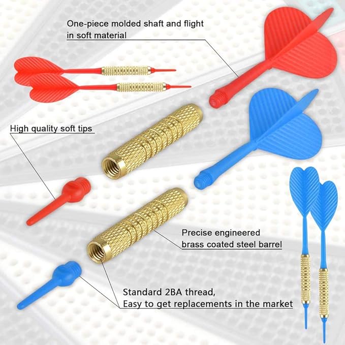 Dartboard 18' Plastic Board with 12 Soft Tip Darts, 20 Extra Tips, Mounting Kit