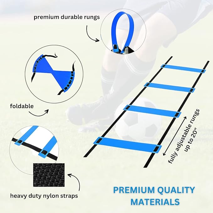DELUXE EDITION Agility Ladder Training Set - 13 Rung 21ft Agility Ladder w/13 Disc Cones, Carry Bag - Improve Speed & Strength Soccer, Football, Basketball w/4 Steel Pegs for Outdoor Workout Charts