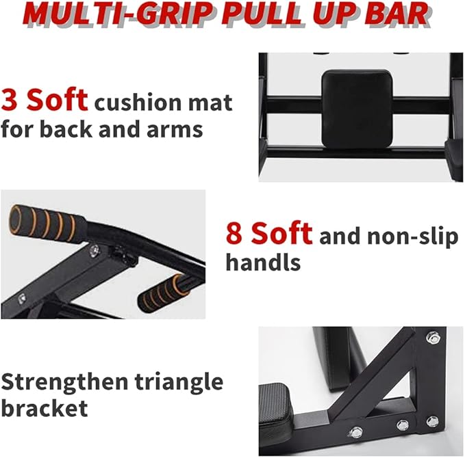 ptlsy Wall Mounted Pull Up Bar Multifunctional with Multi-Grip Chin Up Bar Heavy Duty Dip Station for Home Gym Indoor Workout, Fitness Equipment, Dip Stand Supports to 440 Lbs