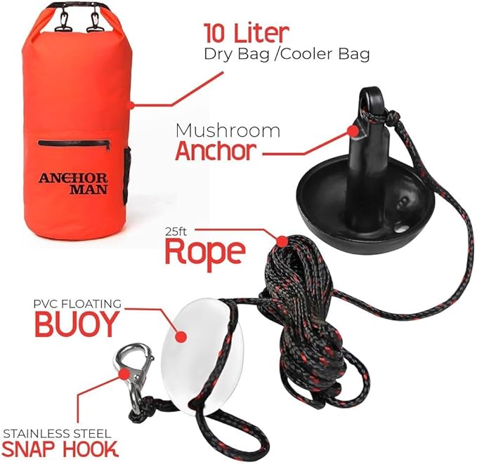 Anchor-Man 8 LB Folding Kayak Complete Grapnel Anchor - 10L Storage Kayak Anchor - Mushroom Anchor, Jet Ski Anchor Kit with 25 Feet Rope | Ideal for Boats, Paddle Board Anchor and Fishing