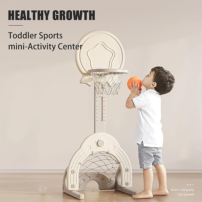 Toddler Basketball Hoop Set with 3 Balls, Adjustable Basketball Hoop Set Indoor Outdoor for Kids 1-3, Toddler Sports Activity Center, Portable Basketball Soccer Golf Game Set, Birthday Gift Grey