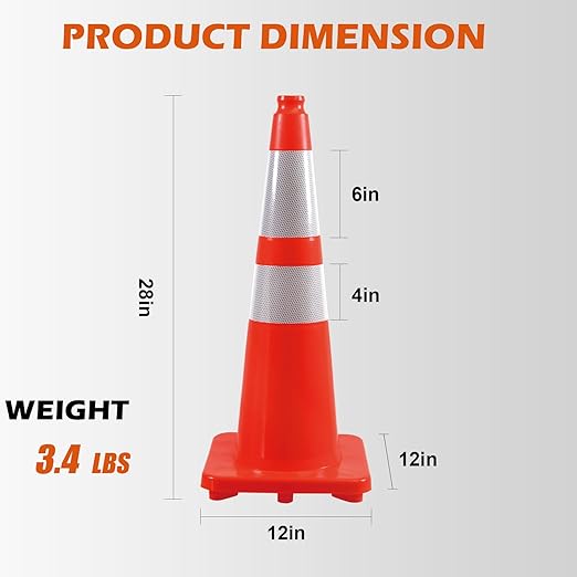28" Traffic Cones (8 Pack) – Durable Orange PVC Safety Cones with Reflective Collars for Parking, Construction, Roadwork & Driving Practice