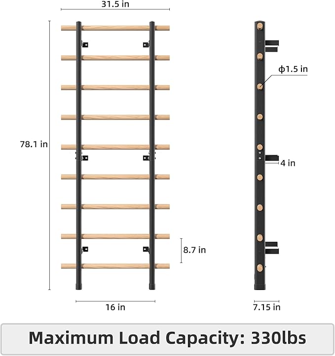 DHT Wood Stall Bar, Swedish Ladder Suspension Trainer with 9 Strategic Rods, for Home, Gym, School and Clinics, Black