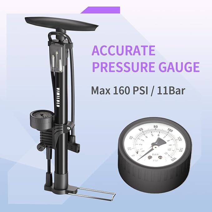 VIMILOLO Bicycle Pump, Bike Floor Pump with Gauge Inflator for Presta and Schrader Valve Portable Tire Pumps for Ball Bike Pumps