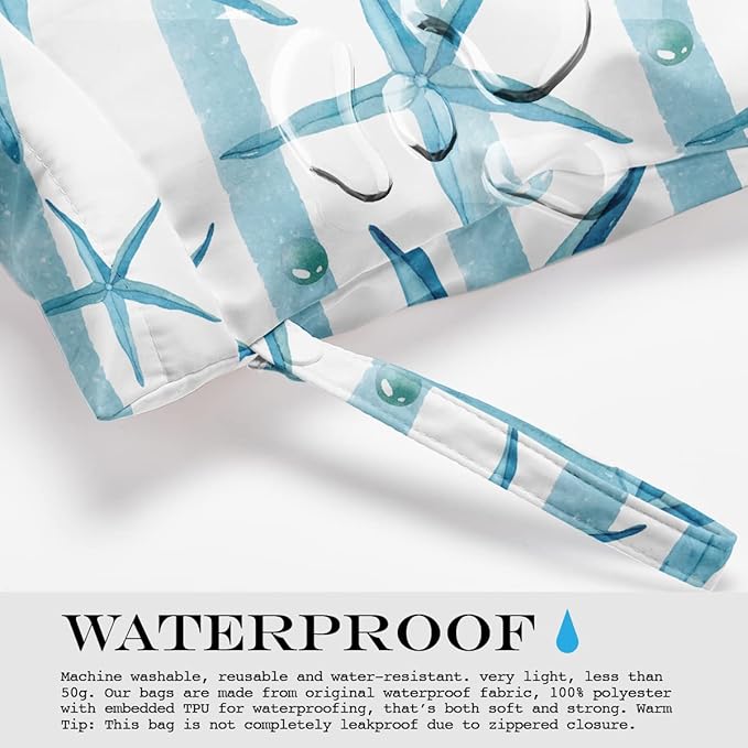Wet Dry Bag for Swimsuit, Travel, Beach, Pool, Diapers, Dirty Yoga Gym Clothes, Makeup, Waterproof Reusable Beach Bag with Ocean Decor Starfish Sea Horse Anchor