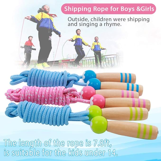 Jump Rope Kids, 7ft Adjustable Cotton Skipping Rope with Wooden Handle for Boys and Girls Fitness Outdoor Exercise