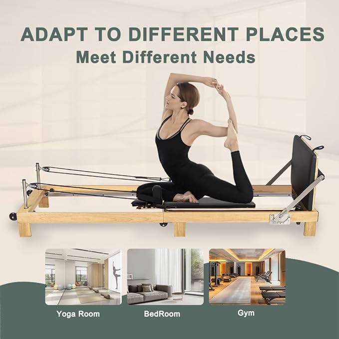 Pilates Reformer- Foldable Wood Yoga Exercise Machine Fitness Equipment with Reformer Box Jump Board Foot Strap, Durable and Quiet, Pilates Equipment up to 600 lbs Weight Capacity