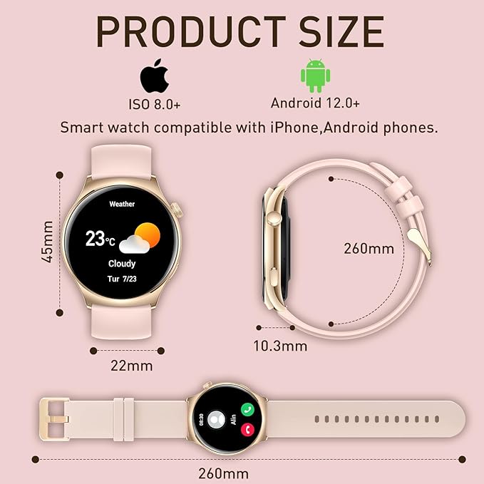 Smart Watch for Women Men,1.43" AMOLED Screen SmartWatches with Bluetooth Call ,Fitness Tracking with Heart Rate Sleep Monitor with 100+ Sport Modes ,Waterproof Fitness Watch for Android iPhone, Pink