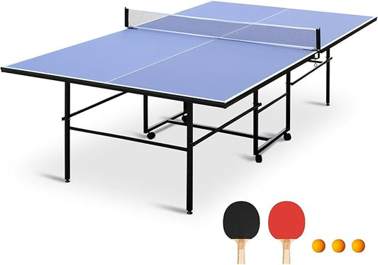 Professional Table Tennis Table, Foldable Ping Pong Game Set for Indoor, 8FT 9FT Single Player Playback Mode Ping Pong Table with Net and Post Set, 2 Paddles and 3 Balls