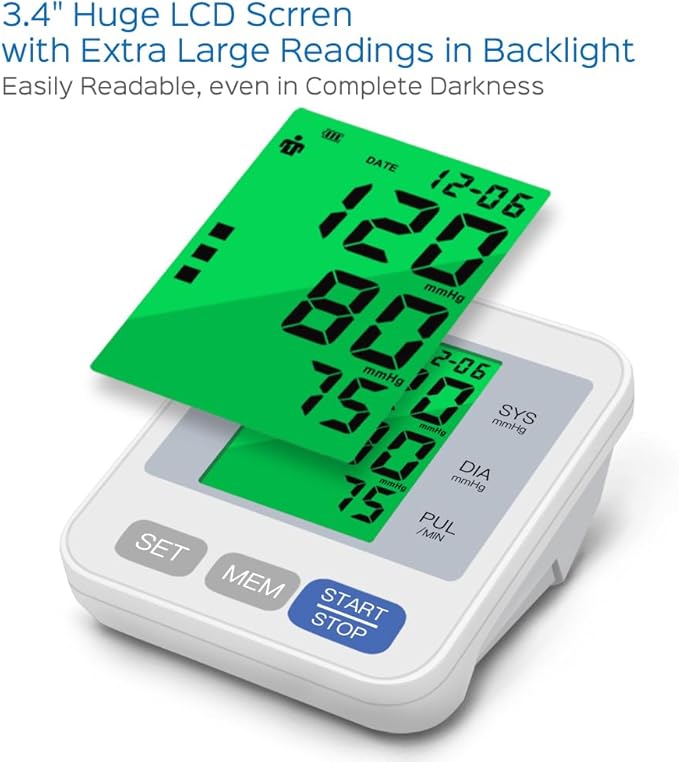 Blood Pressure Monitor Upper Arm Blood Pressure Machine for Home Use BP Cuff Kit, Large 3-Color 3.4'' Display with Backlight,Pulse Rate Detection Meter with Cuff 22-42cm/2×99 Sets Memory