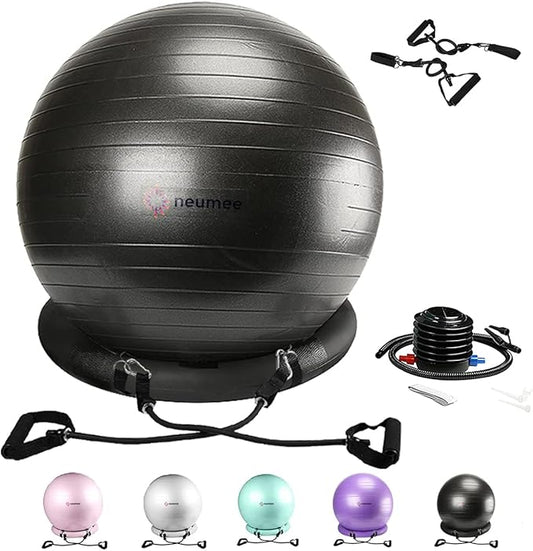 Exercise Ball Chair with Resistance Bands, Yoga Ball Office Chair with Stability Base for Home Gym, Workout Ball for Fitness, Large Size 65 cm