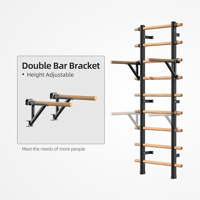 DHT Wood Stall Bar, Swedish Ladder Suspension Trainer with 9 Strategic Rods, for Home, Gym, School and Clinics, Black