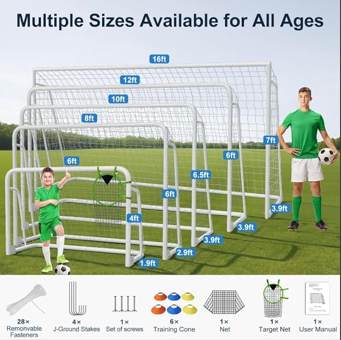 MOPHOTO 6x4/8x6/10x6.5/12x6/16x7ft Soccer Goals for Backyard, Foldable Steel Soccer Goal with 6 Cones, Weatherproof Soccer Goal for Teens/Adults Practice Training
