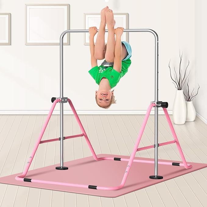 FBSPORT Gymnastics Bar for Kids, Adjustable Height Gymnastic Horizontal Bars,Junior Training Bar Children Folding Training Monkey Bars for Home Using