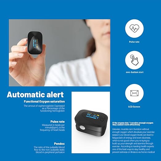 Oximeter, Pulse Oximeter, Oximeter with Alarm, Fingertip Pulse Oximeter, Portable SpO2 Pulse Rate Monitor, Oximetro Batteries and Lanyard (Black)