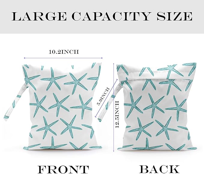Wet Dry Bag for Swimsuit, Travel, Beach, Pool, Diapers, Dirty Yoga Gym Clothes, Makeup, Waterproof Reusable Beach Bag with Ocean Decor Starfish Sea Horse Anchor