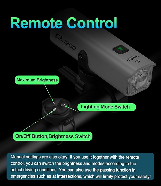 TOWILD CL1200 Bike Lights for Night Riding,Compatible with Garmin/GoPro Mount,1200 Lumen Bright Bike Headlight,Rechargeable Battery,Waterproof Bike Front Light for Commuter Cyclists