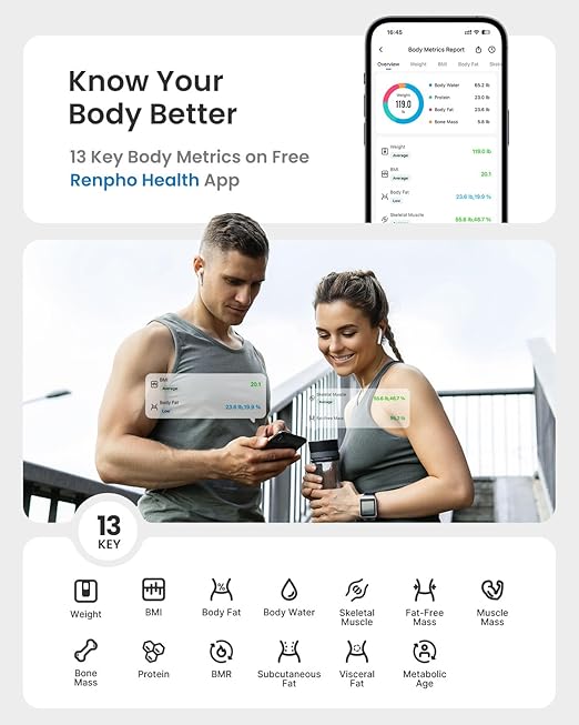 RENPHO Scale for Body Weight, Smart Scale with BMI, Body Fat, Muscle Mass, Bluetooth, 13 Metrics with Large VA Display, Support App Connection, Black, Elis 2X