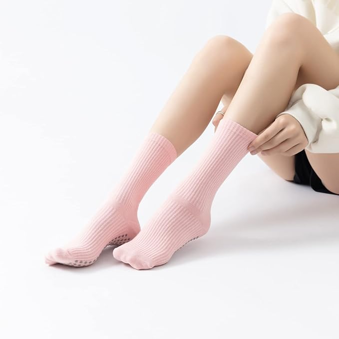 Yoga Pilates Socks with Grips for Women Non Slip Solid Colored Cushioned Crew Compression Socks for Barre Ballet Dance