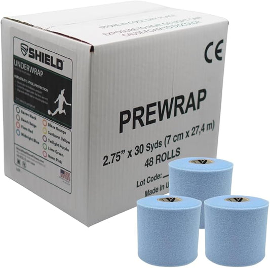 Shield Athletic Underwrap | Bulk Case of 48 Rolls of PreWrap, Hair Tie, Headband, Patellar Support, Pre-Wrap Athletic Tape, 2.75" X 30 SYards, Foam Barrier, Flexible, Breathable (Carolina Blue)