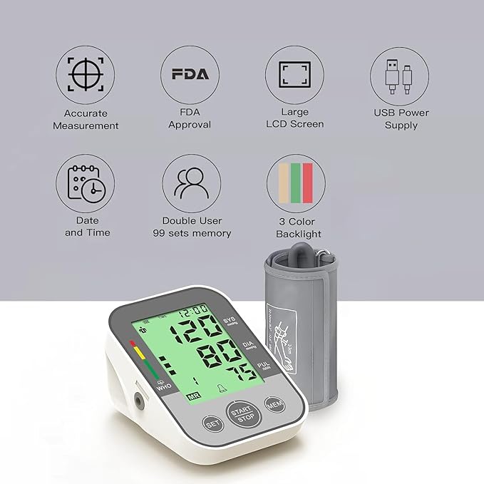 Blood Pressure Monitor Upper Arm Blood Pressure Machine for Home Use BP Cuff Kit, Large 3-Color 3.4'' Display with Backlight,Pulse Rate Detection Meter with Cuff 22-42cm/2×99 Sets Memory (Gray)