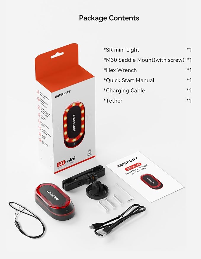 iGPSPORT SR mini Radar Bike Light, 160M Monitoring Distance 20H Battery Life Brake Flash Waterproof Cycling Tail Light