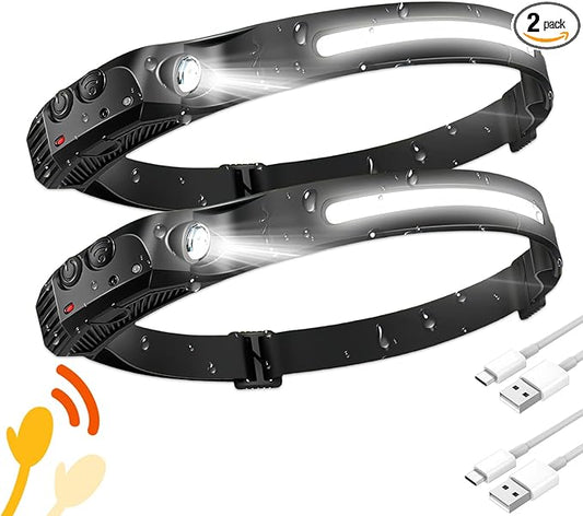 Headlamp 2PCS, 230° Wide Beam Head Lamp, Motion Sensor LED Headlamp Rechargeable, 5 Mode Headlight Flashlight for Camping Fishing Hiking Gear, Bright, and Ideal for Hard Hats and Forehead Use!
