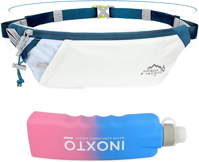 INOXTO Slim Running Belt Fanny Pack for Women and Men Sports Waist Bag Pack with 300ml Water Bottle for Running Walking Cycling Hiking Reflective Running Pouch Belt for All Phones (White Blue)
