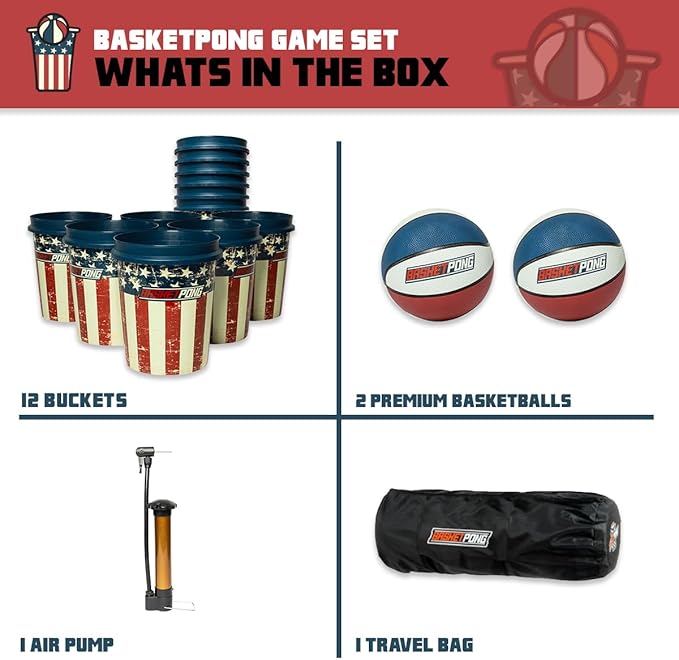 USA – Giant Yard Pong and Basketball Game with 12 Buckets, 2 Balls, Carrying Bag, and Air Pump – Outdoor Game for Lawn, Backyard, Beach, and Parties