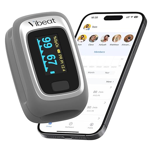 Vibeat Fingertip Pulse Oximeter with Bluetooth, Blood Oxygen Saturation Monitor with APP, Finger SPO2 Meter with Batteries and Lanyard, Gray