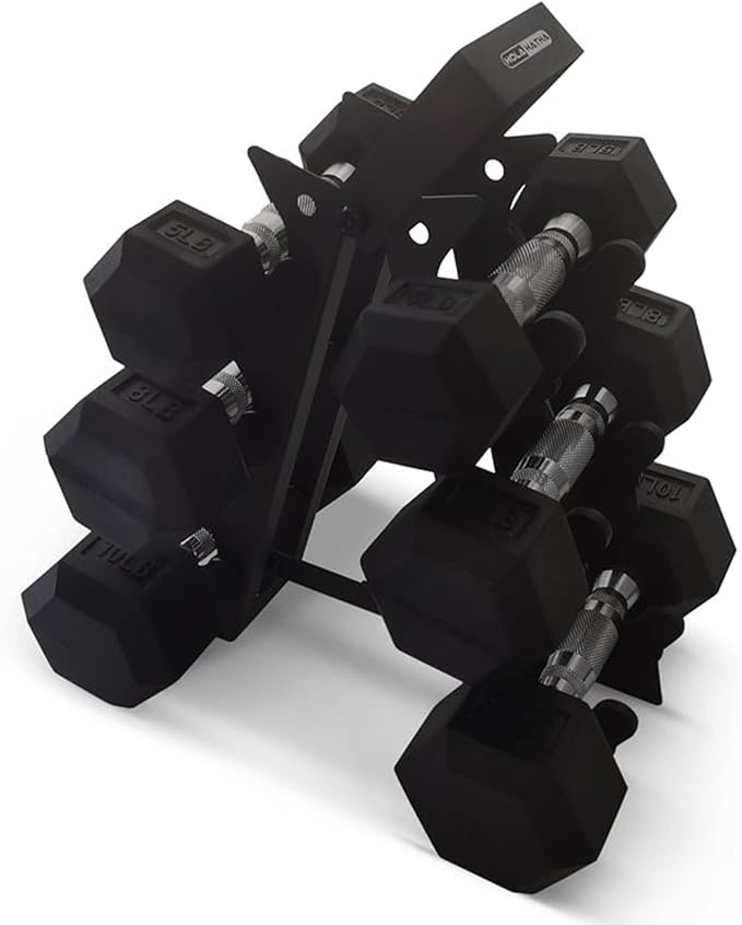 HolaHatha Hexagonal Dumbbell Free Hand Weight Set w/Rack