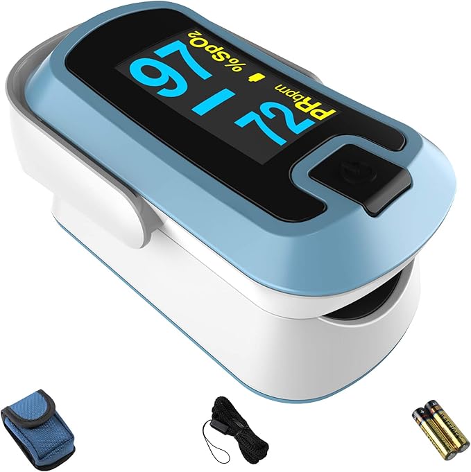 mibest OLED Finger Pulse Oximeter, O2 Meter, Dual Color White/Light Blue