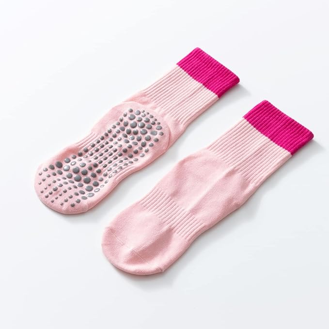 Yoga Pilates Socks with Grips for Women Non Slip Color Blocking Cushioned Crew Socks for Barre Ballet Dance