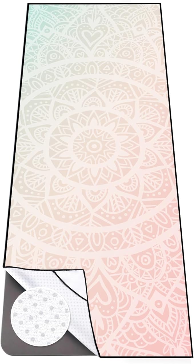 Colorful Star Large Yoga Towel with Corner Pockets, Non Slip Grip Dots Sweat Absorbent Hot Yoga Mat Towels, Yoga Blankets with Travel Bag, Mat Cover for Workout, Gym, Fitness - 74"x26", Pink Mandala