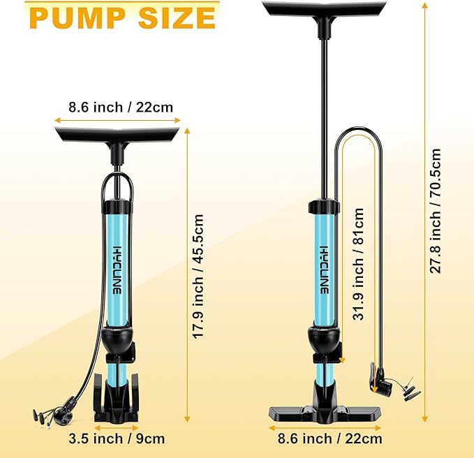 Hycline Bike Floor Pump with Gauge: 160 PSI High Pressure Bicycle Pumps - Durable Air Pump Fits Presta & Schrader Valve - Inflator for Road MTB Tire, Ball, Balloon, Inflatables