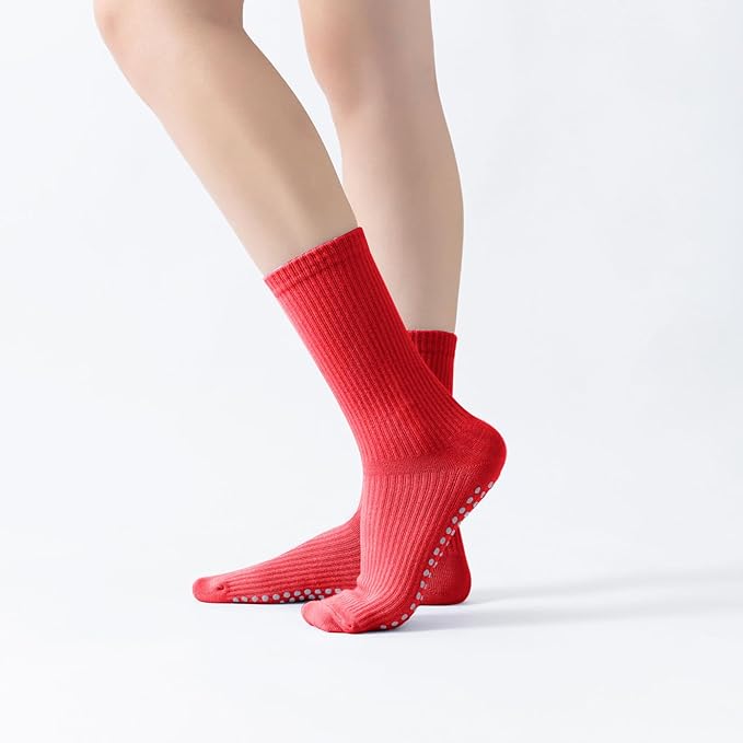 Yoga Pilates Socks with Grips for Women Non Slip Solid Colored Cushioned Crew Compression Socks for Barre Ballet Dance