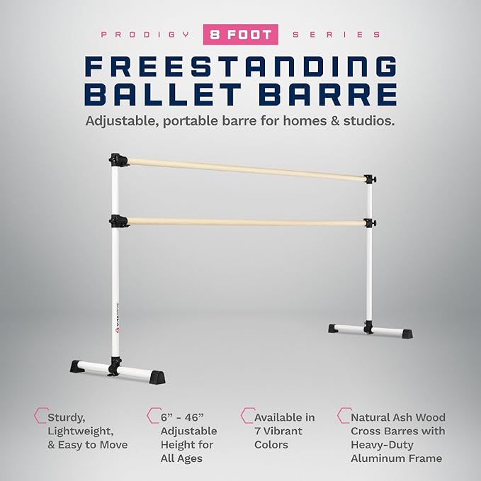 VITA Barre Portable Freestanding Double Ballet Barre, Prodigy, Wood | Adjustable Height, USA Made, Home or Gym Exercise Equipment for Kids & Adults | Dance, Fitness, Pilates