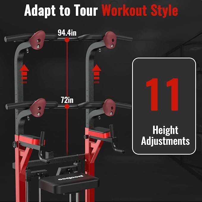 Pooboo Power Tower Dip Station Pull Up Bar for Fitness Home Gym Workout,Multi-Function Adjustable Height Fitness Strength Training Exercise Equipment,with Power Elastic Ropes